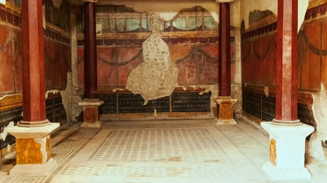 Large room with Corinthian oecus at House of the Silver Wedding (Casa delle Nozze d'Argento), Pompeii, Naples, Campania, Italy, buried by Vesuvius in 79 AD