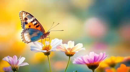 Obraz premium Vibrant Butterfly on a Flower Meadow in Sunlight