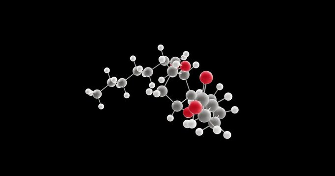 Prostacyclin molecule, rotating 3D model of prostaglandin i2, looped video on a black background