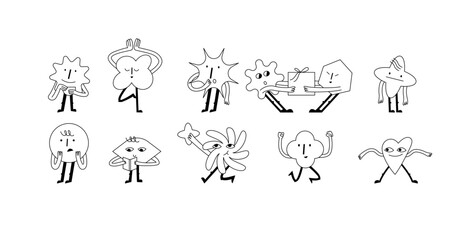 Vector illustration set of cartoon geometric shapes characters. Groovy stickers with different emotions for social media