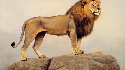 Obraz premium Majestic Lion Standing Proudly on Rocky Outcrop in Natural Habitat