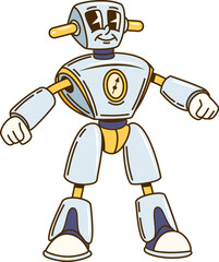 Cartoon groovy robot character standing confidently with fists clenched and playful smile. Isolated vector ai tech droid personage exudes friendly and nostalgic sci fi retro futuristic vibe of 80s