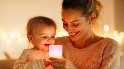 A woman and a child, the woman holding the child in her arms, both looking at a burning candle.