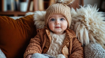  A child in warm clothes with big blue eyes. 