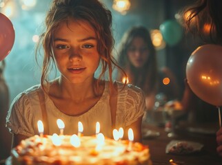  A young girl blows out the candles on a cake at a birthday party.