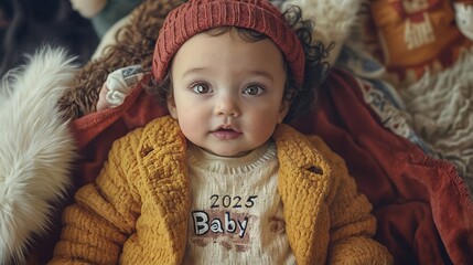 The child is lying in warm clothes, wearing a white blouse labeled &ldquo;Baby 2025&rdquo; and a red cap.