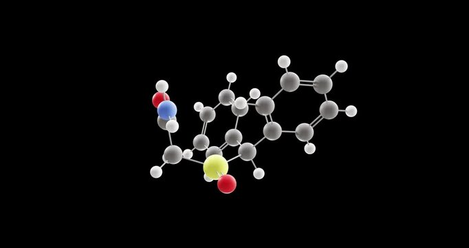 Modafinil molecule, rotating 3D model of wakefulness-promoting agents, looped video on a black background