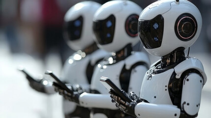 Fototapeta premium AI robot look at logo AI hanging over phone in hand. Artificial intelligence technology conceptual vertical banner. Futuristic digital tech of data processing. Robot or cyborg analys big datum.