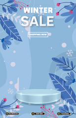 winter sale discount portait template banner with blank space 3d podium for social media post product sale with abstract gradient blue background design23