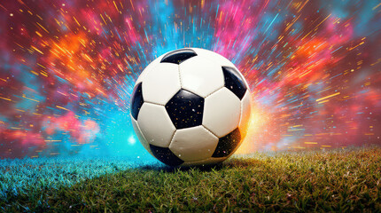 Naklejka premium Dynamic Soccer Ball Image with Vibrant Colorful Background for Sports and Art Concepts