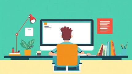 An instructional designer creating digital learning materials, with a green screen background for dynamic presentations