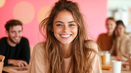  A young woman smiles broadly. She is sitting in a caf&eacute; or class surrounded by other people.
