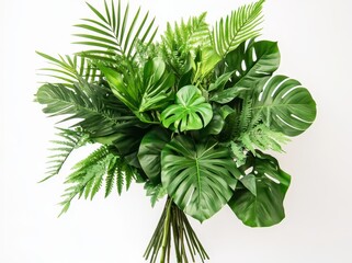 A lush bouquet of tropical green leaves, including ferns, monstera, and palm fronds, arranged on a white background.