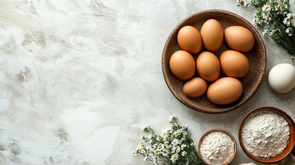 Easter still life with room for an inscription. The photo shows eggs, flowers and bowls of flour.