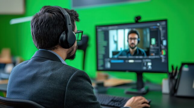 An online exam proctor monitoring students virtually, with a green screen background for professional integrity