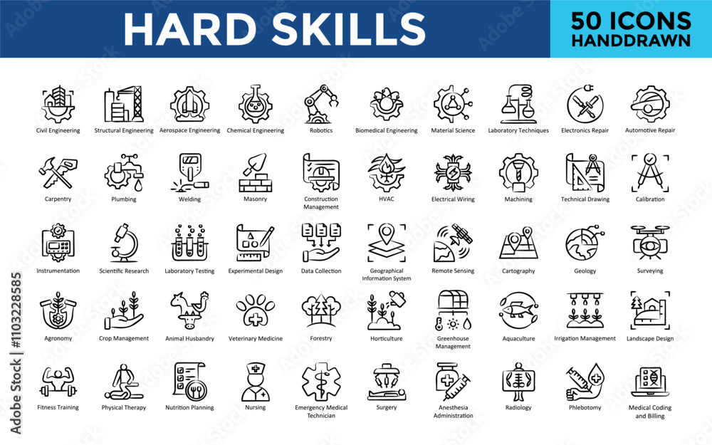 Canvas Prints Hard Skills icon set with aerospace engineering, chemical engineering, robotics, biomedical engineering, material science, laboratory techniques, electronics repair icon. Simple handdrawn vector 
