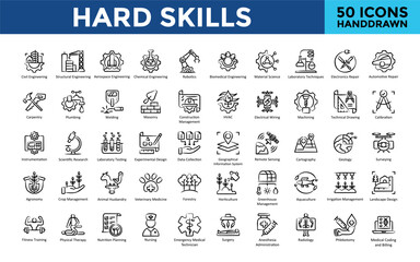Hard Skills icon set with aerospace engineering, chemical engineering, robotics, biomedical engineering, material science, laboratory techniques, electronics repair icon. Simple handdrawn vector 

