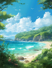 Fototapeta premium Coastal Landscape with Crystal Clear Waters and Lush Green Foliage Under a Bright Blue Sky with Fluffy White Clouds and Gentle Waves