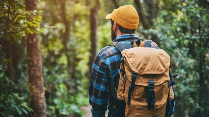 Naklejka premium An outdoor enthusiast hiking through forests, with a vibrant green backdrop for exploration