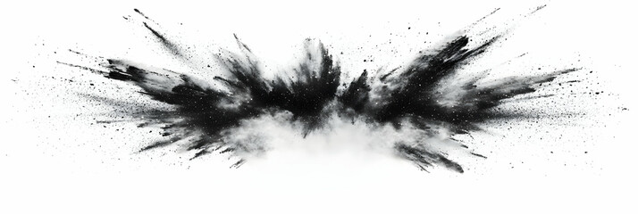 Obraz premium Abstract Black Powder Explosion; Dynamic, Chaotic Burst on White Background, High-Resolution Image for Design