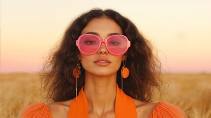 Fashion portrait of a woman in a field. She is wearing large round pink glasses, orange earrings and an orange top. 
