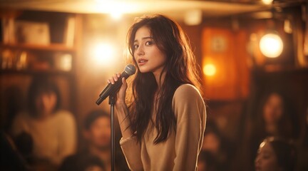  A woman is giving a speech or singing at a microphone on stage. 
