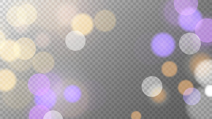 Bright bokeh lights. Abstract blur light effect. Blurred overlay template. Transparent background. Vector illustration.