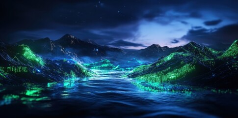 Futuristic Cyber Ecosystem: Layered Metallic Landscapes with Vibrant Neon Green and Blue Waves
