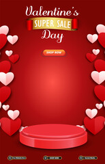 valentine super sale discount portait template banner with blank space 3d podium for social media post product sale with abstract gradient red background design 23