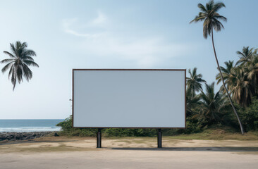 Blank Billboard Surrounded by Tropical Trees and Calm Ocean Waves Under a Clear Sky, Ideal for Advertising, Promotions, or Sunset Photography Shots