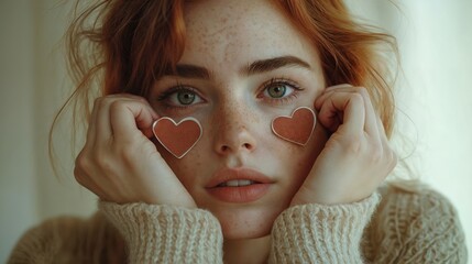  A woman with red hair and heart-shaped stickers on her cheeks. She sits with her head resting on her hands.
