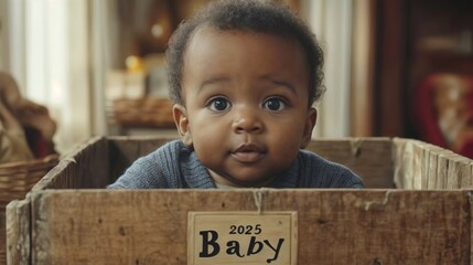 a young black baby sitting in a wooden box with the words "Baby 2020" written on it.