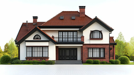 Elegant Two-Story Brick House Architectural Design with Red Tile Roof, Large Windows, and Black Accents
