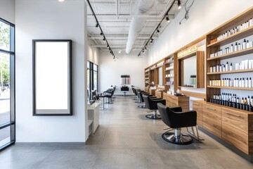 Modern hair salon interior with black leather chairs and a blank sign.