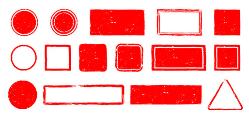 Red stamp frame. Vector illustration of grunge square and rectangular border. Round Japanese sun in vintage style.