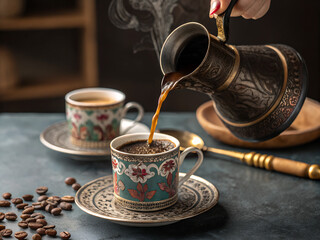 Turkish coffee - a woman's hand pouring coffee from a Turk into a cup
