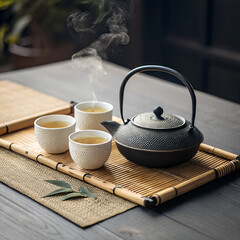 teapot and cups with green tea on bamboo napkins - asian tea party