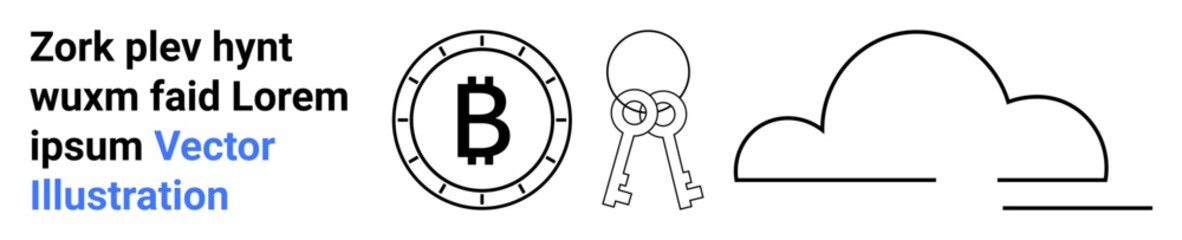 Bitcoin symbol inside a coin, two keys, and a cloud outline. Ideal for themes of cryptocurrency, digital security, cryptography, cloud storage, encryption, blockchain, and data privacy. Landing page