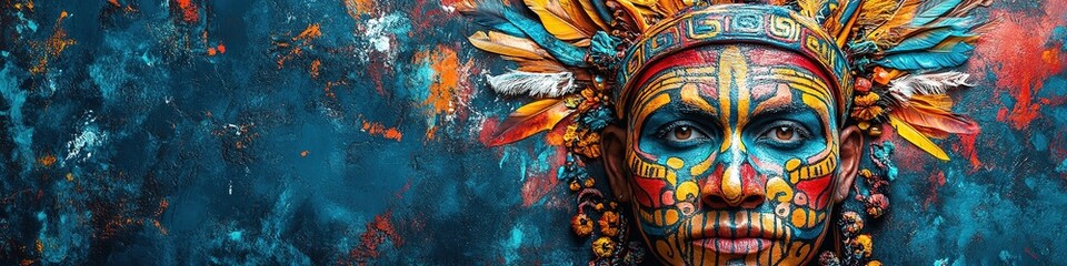 Fototapeta premium Colorful tribal face paint on person with feather headdress.