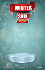 winter sale discount portait template banner with blank space 3d podium for social media post product sale with abstract gradient blue background design2