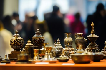 Ornate brass teapots on display at a market stall