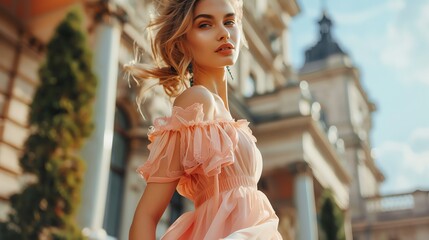 Naklejka premium A young woman in a pink dress with a backdrop of an ornate building.