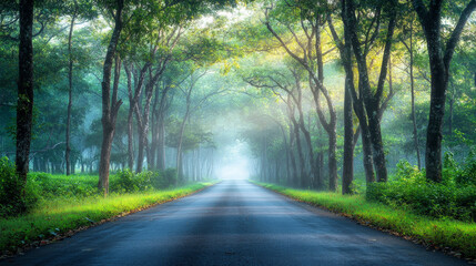Obraz premium A foggy forest road early in the morning