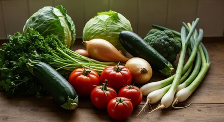 Freshly harvested vegetables arranged neatly on a wooden kitchen counter