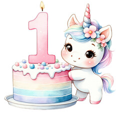 A cute unicorn character beside a pastel-colored birthday cake with a "1" candle on top, perfect for a first birthday celebration.