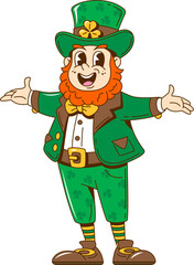 Cartoon retro groovy leprechaun character with vibrant green attire, top hat and a cheerful expression. Vector saint Patrick Day holiday personage with arms outstretched, inviting positivity and charm