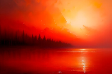 Obraz premium ia generated. landscape with oil effect in red tones. landscape oil painting. oil painting