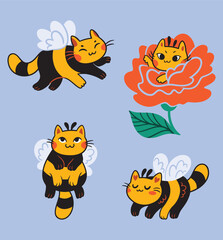 Set of cute bee cats, kawaii style
