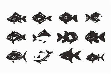 Naklejka premium Fish icon, mackerel shape, minimal fishing symbol, tuna silhouette, salmon sign, black ink fish shape