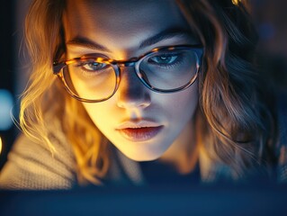 Fototapeta premium Woman looks at laptop